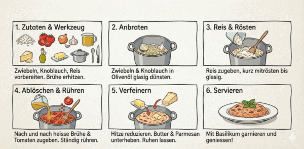 Sechs bebilderte Schritte zur Zubereitung von Tomatenrisotto, dargestellt als einfache Prozessgrafik.