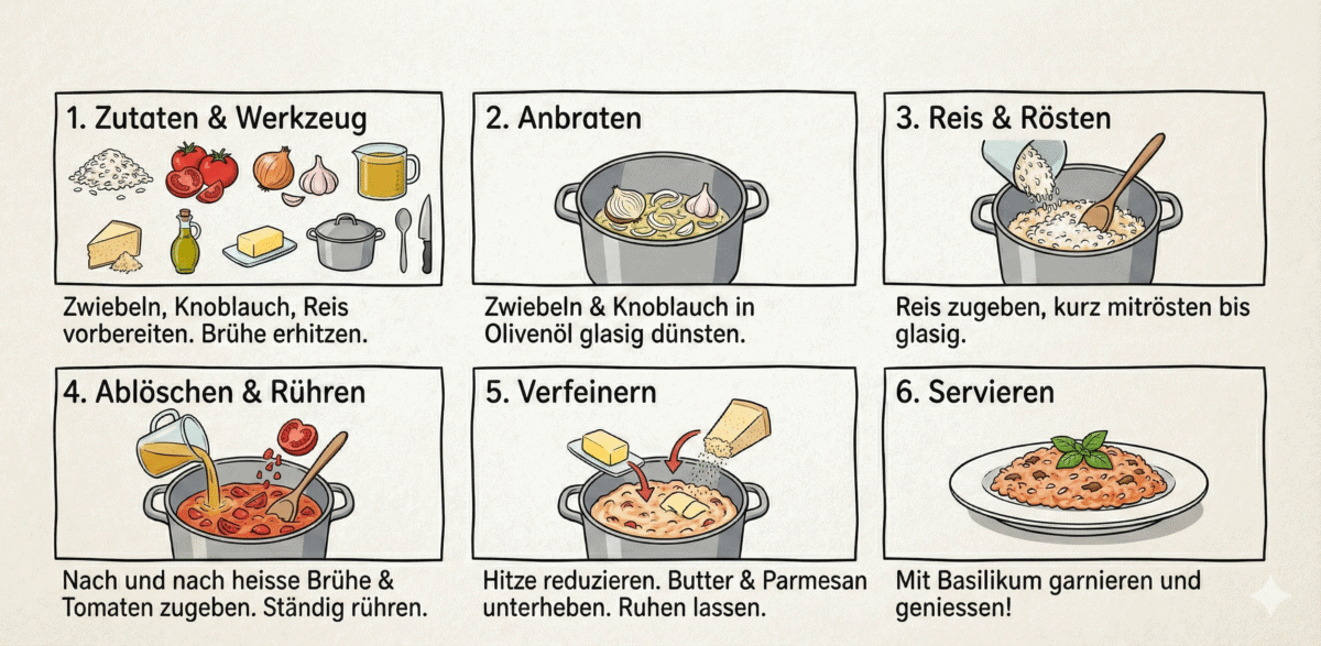 Sechs bebilderte Schritte zur Zubereitung von Tomatenrisotto, dargestellt als einfache Prozessgrafik.