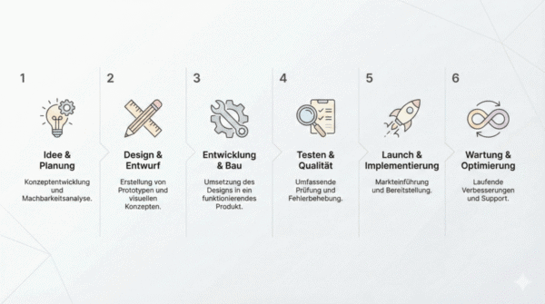 Grafik mit sechs Prozessschritten von Idee bis Wartung, jeweils mit Icons.