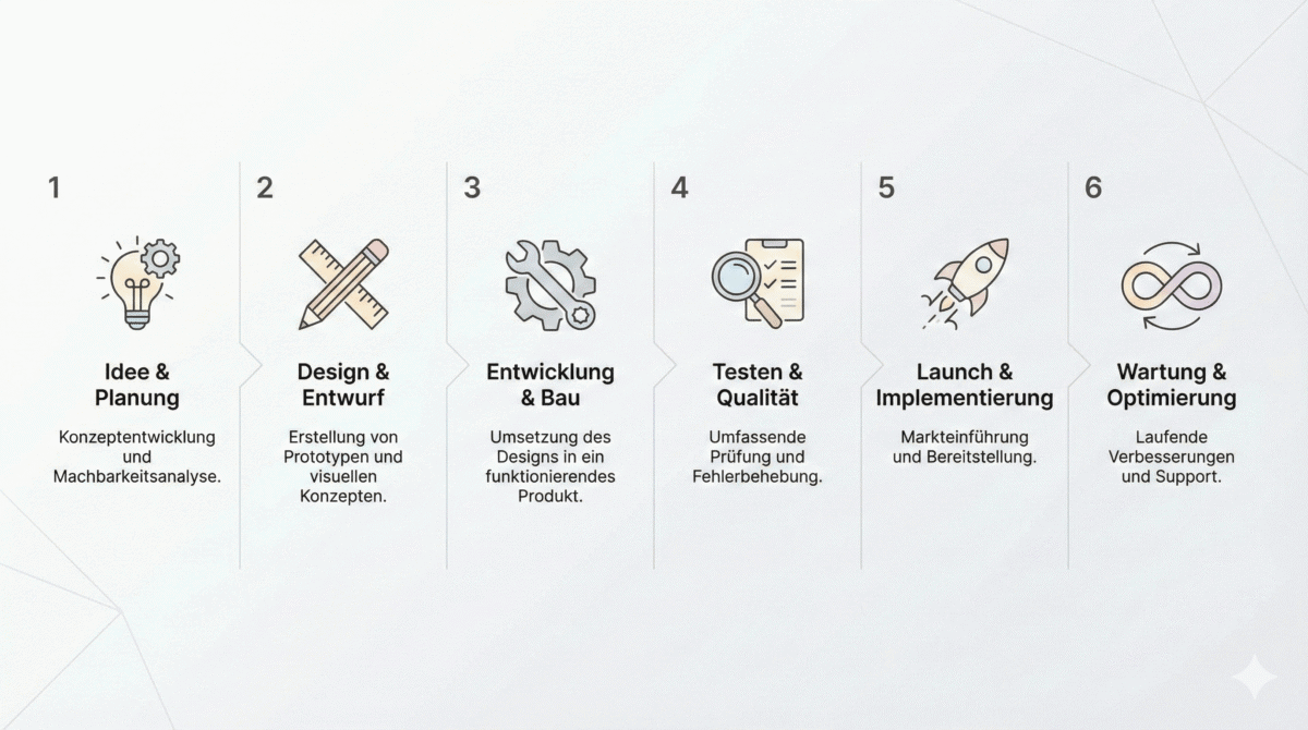 Grafik mit sechs Prozessschritten von Idee bis Wartung, jeweils mit Icons.