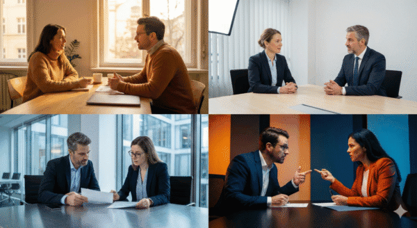 Vier Büroszenen mit beruflichen Beratungsgesprächen zwischen zwei Personen.